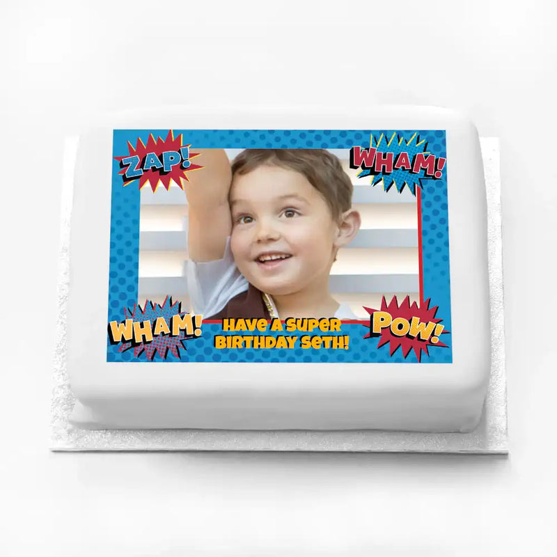 Personalised Photo Cake - Super Hero Slogan Personalised Cake