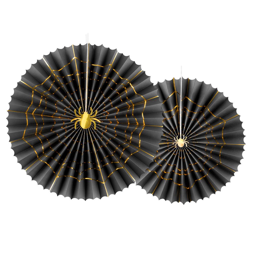 Black & Gold Spider Decorative Party Fans (x2) Halloween 2024