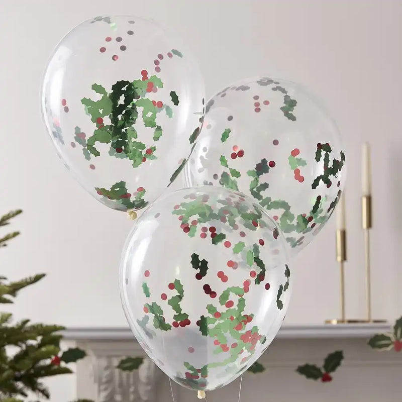 Holly and Berries Confetti Latex Balloons (x5) Christmas 2023