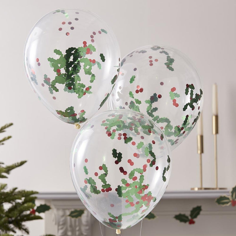 Holly and Berries Confetti Latex Balloons (x5)