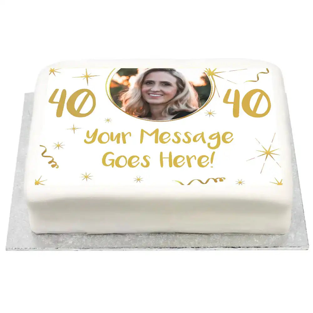 Personalised Photo Cake - White & Gold Any Age Birthday Photo and Message Large (up to 20 small portions) Personalised Cake