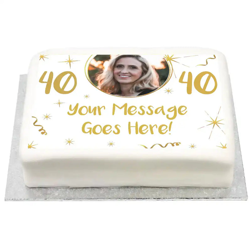 Personalised Photo Cake - White & Gold Any Age Birthday Photo and Message Large (up to 20 small portions) Personalised Cake