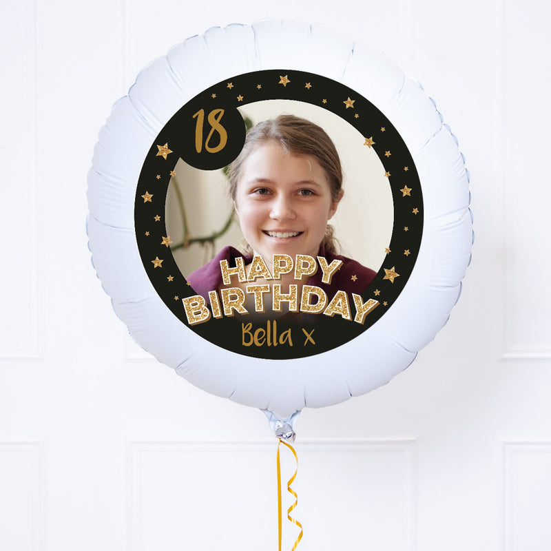 Personalised Photo Balloon - Any Age Birthday: Black & Gold Stars