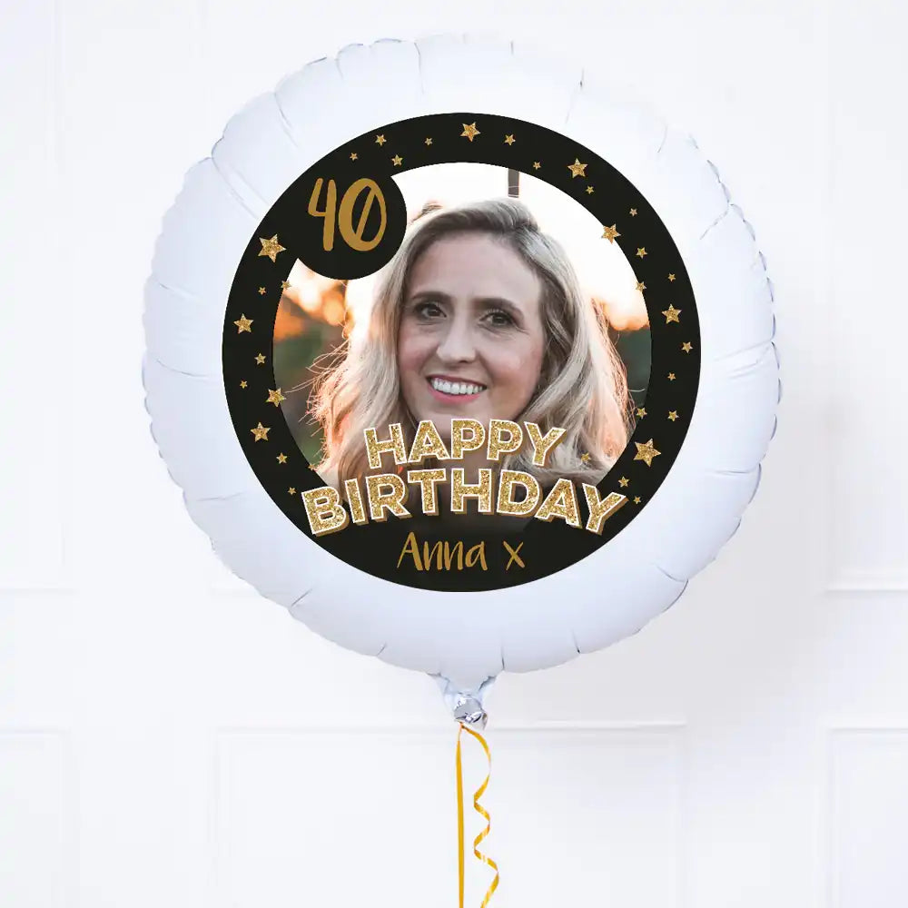 Personalised Photo Balloon - Any Age Birthday: Black & Gold Stars Personalised Balloons