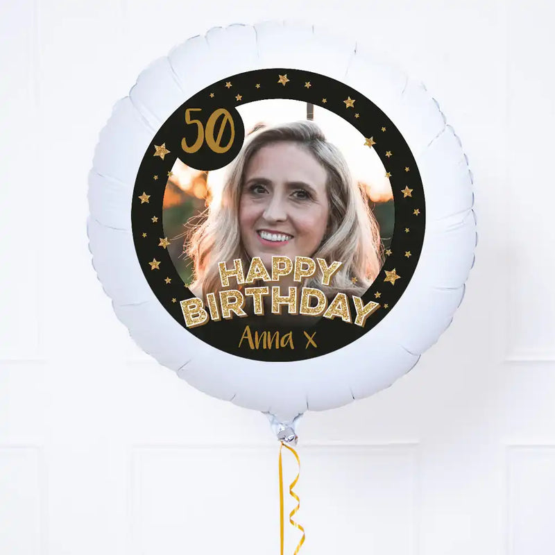 Personalised Photo Balloon - Any Age Birthday: Black & Gold Stars Personalised Balloons