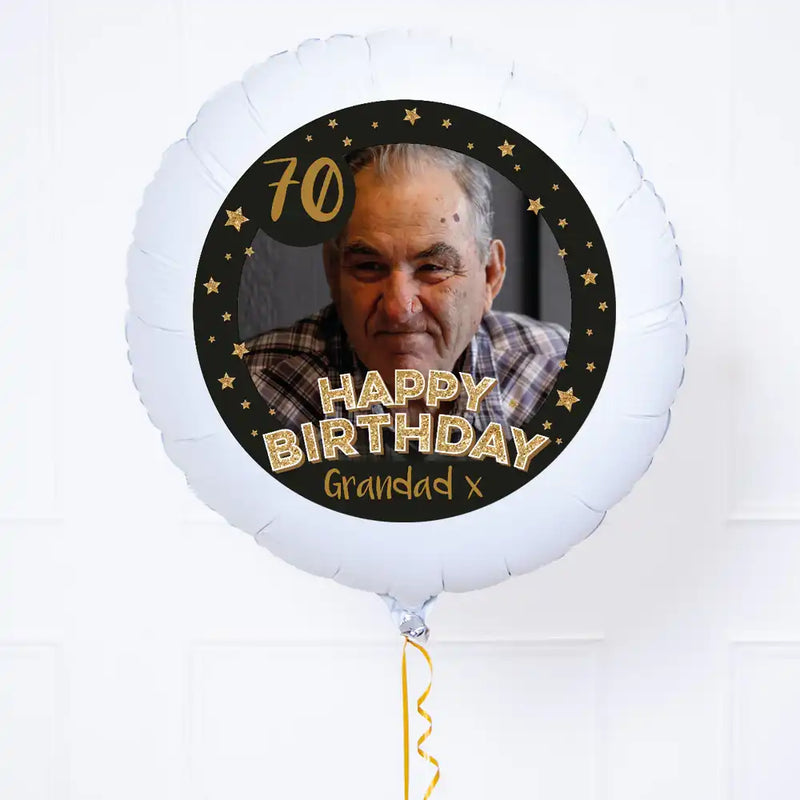 Personalised Photo Balloon - Any Age Birthday: Black & Gold Stars Personalised Balloons