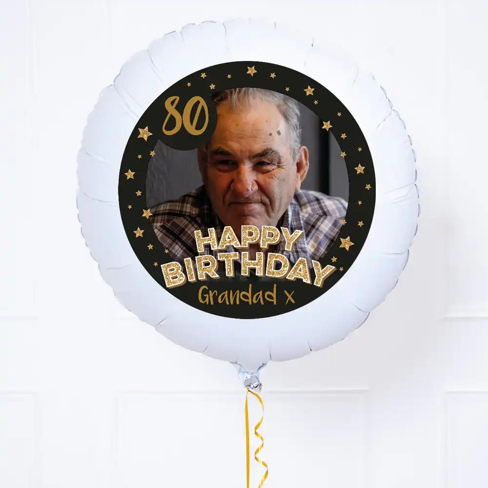 Personalised Photo Balloon - Any Age Birthday: Black & Gold Stars Personalised Balloons