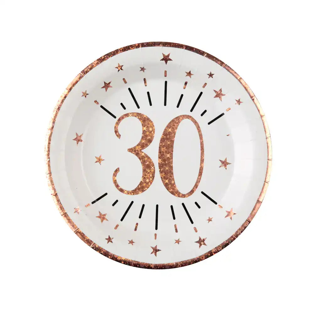30th Birthday Rose Gold Paper Party Plates (x10) Milestone