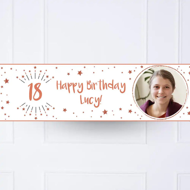 White & Rose Gold Any Age Personalised Party Banner Personalised Banner