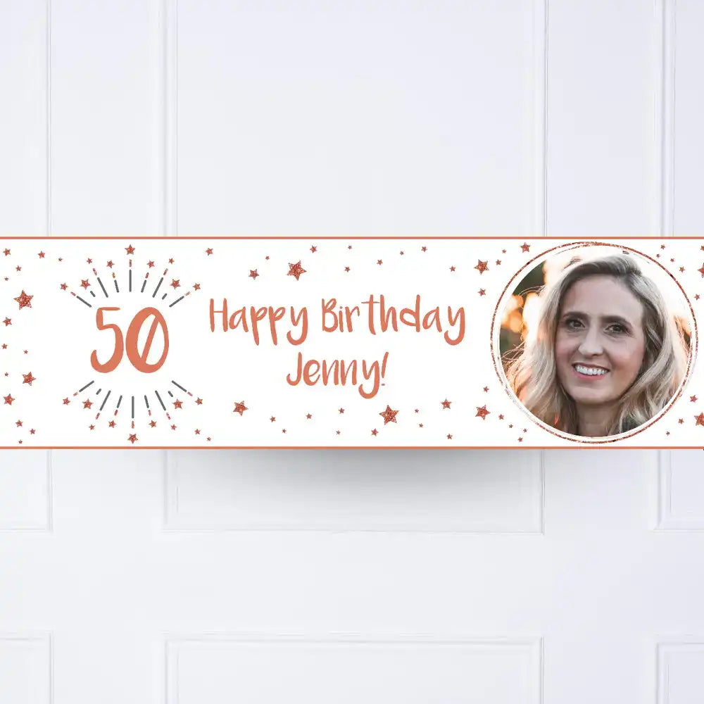 White & Rose Gold Any Age Personalised Party Banner Personalised Banner