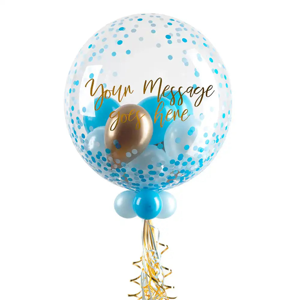 Personalised Bubble Balloon in a Box - Blue Gold Luxe Personalised Balloons