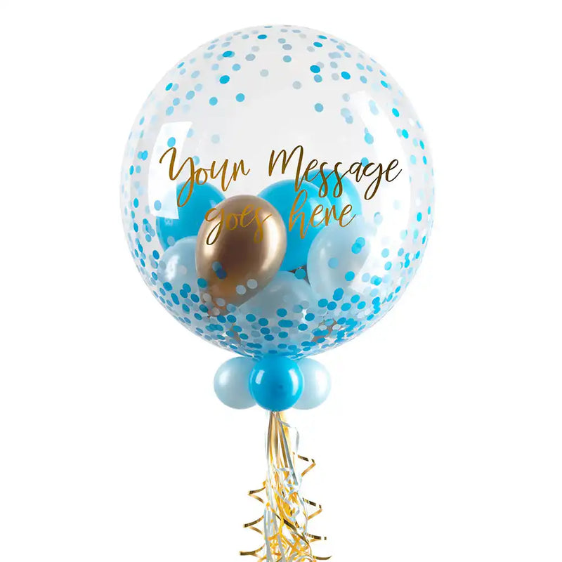 Personalised Bubble Balloon in a Box - Blue Gold Luxe Personalised Balloons