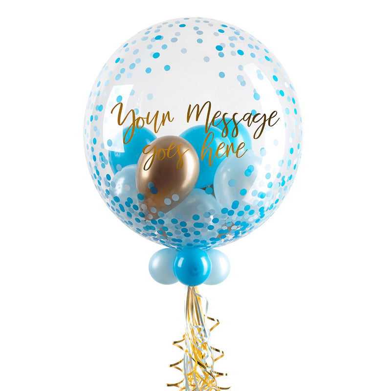 Personalised Bubble Balloon in a Box - Blue Gold Luxe