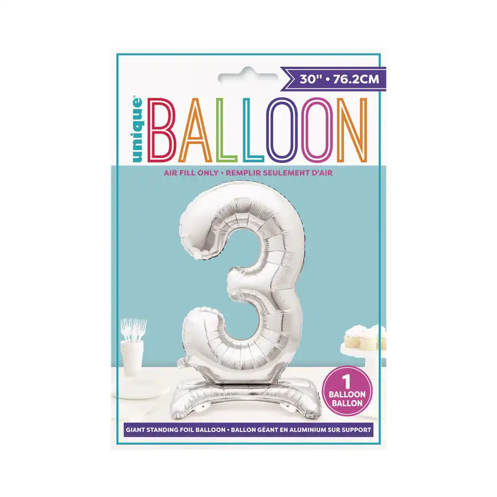 Silver Standing Number Balloon - 3 General Party