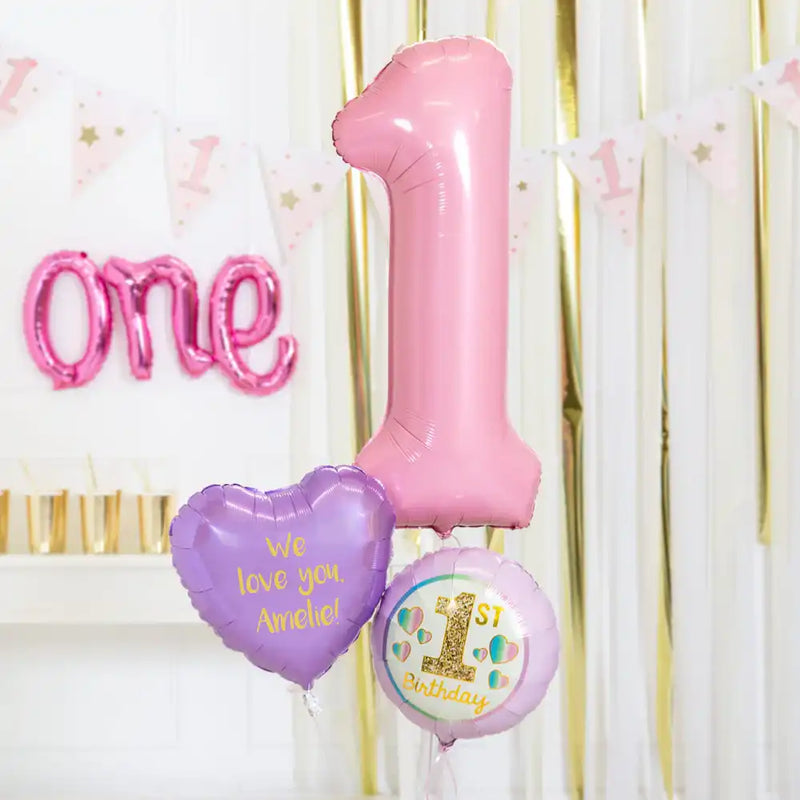 Personalised Inflated Balloon Bouquet in a Box - Lovely Pink 1st Birthday Personalised Balloons