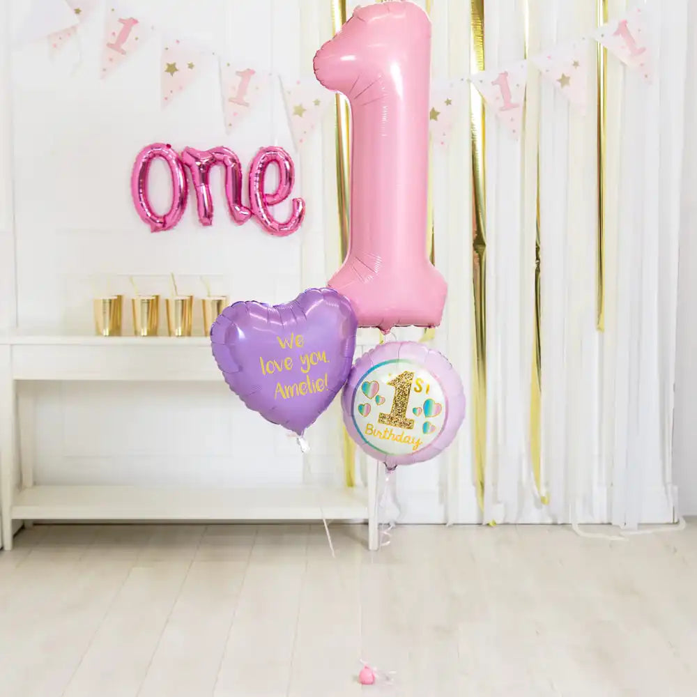 Personalised Inflated Balloon Bouquet in a Box - Lovely Pink 1st Birthday Personalised Balloons