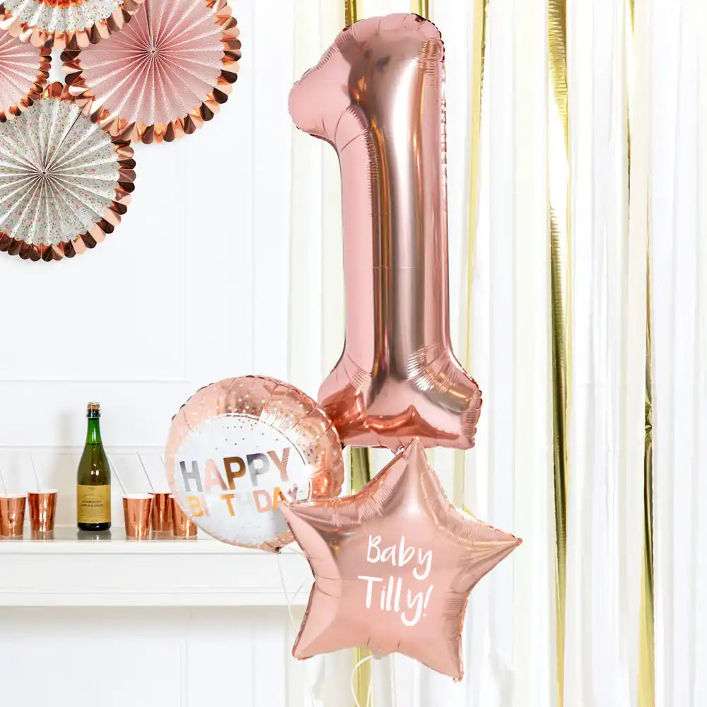 Personalised Inflated Balloon Bouquet in a Box - Rose Gold 1st Birthday Personalised Balloons