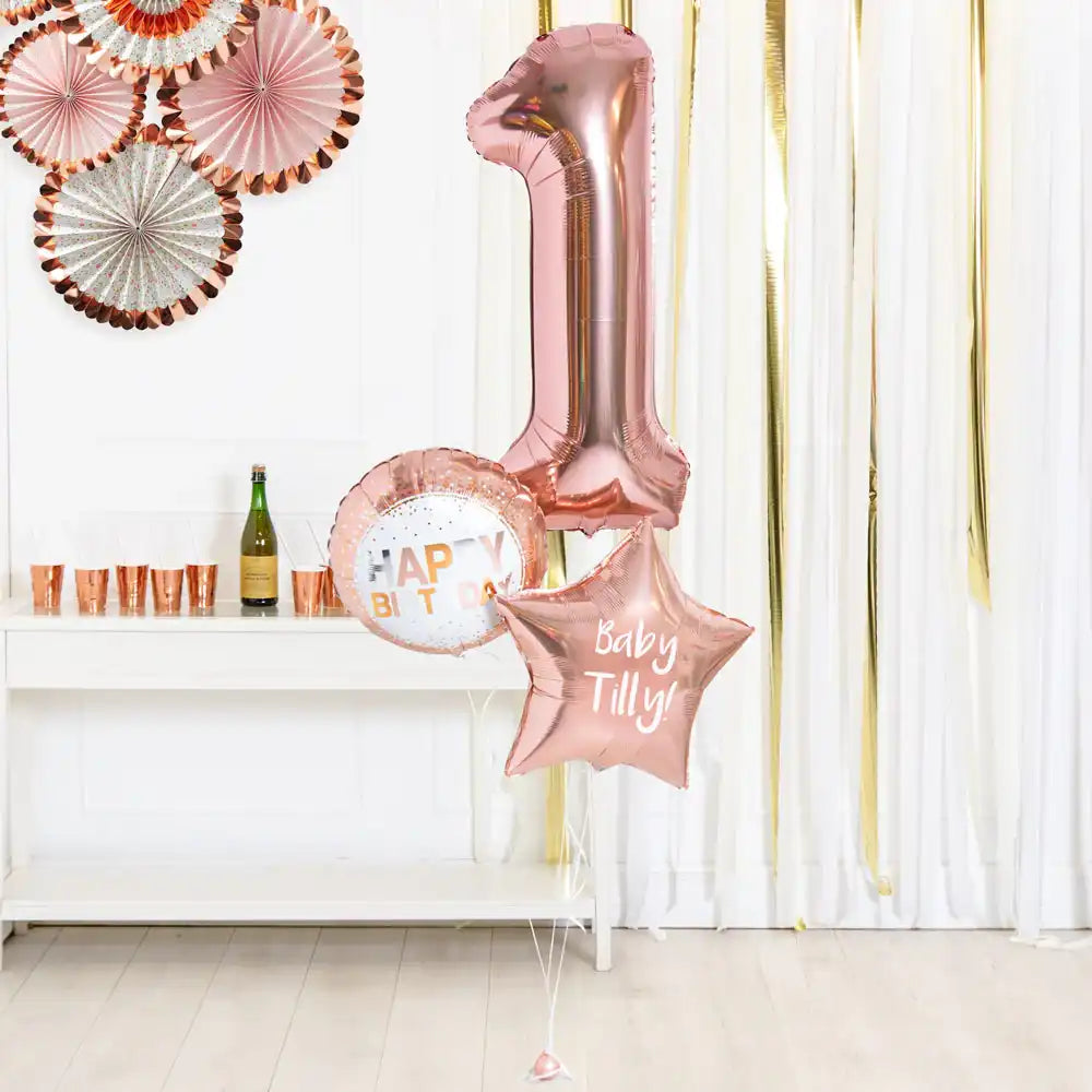 Personalised Inflated Balloon Bouquet in a Box - Rose Gold 1st Birthday Personalised Balloons