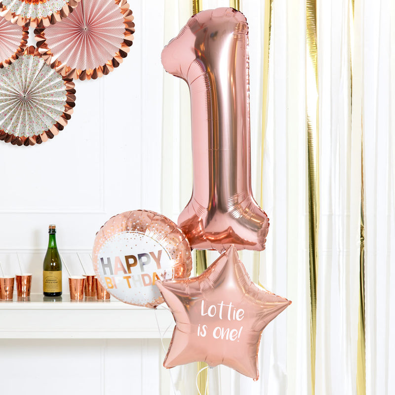 Personalised Inflated Balloon Bouquet in a Box - Rose Gold 1st Birthday