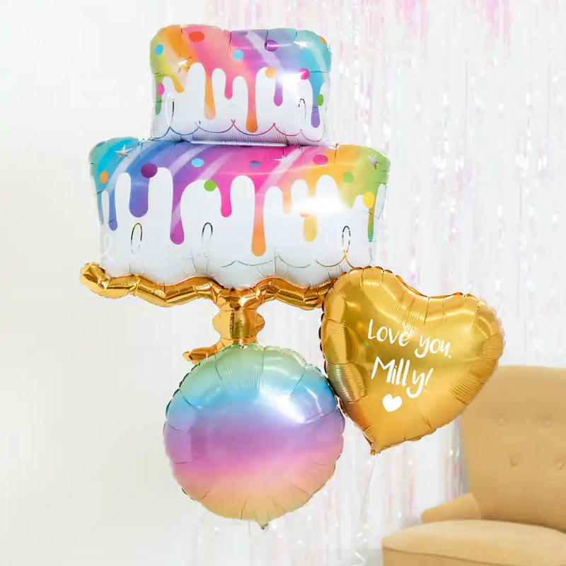 Personalised Inflated Balloon Bouquet in a Box - Rainbow Cake Celebration Personalised Balloons