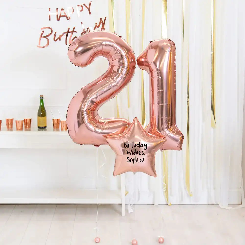 21st Birthday Balloons - Personalised Inflated Balloon Bouquet Rose Gold Personalised Balloons
