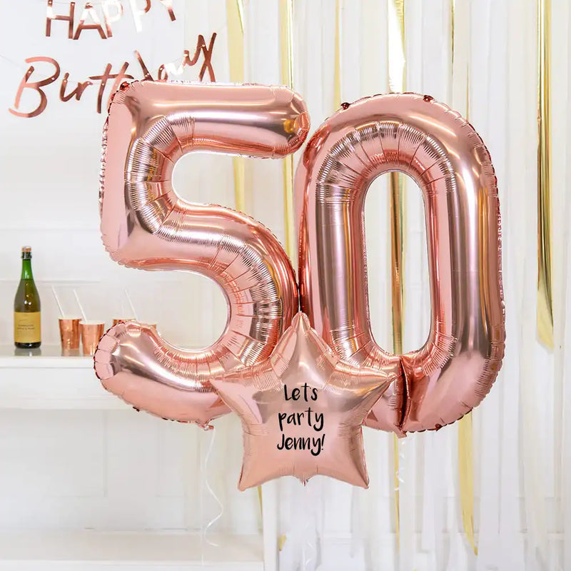 50th Birthday Balloons - Personalised Inflated Balloon Bouquet Rose Gold Personalised Balloons