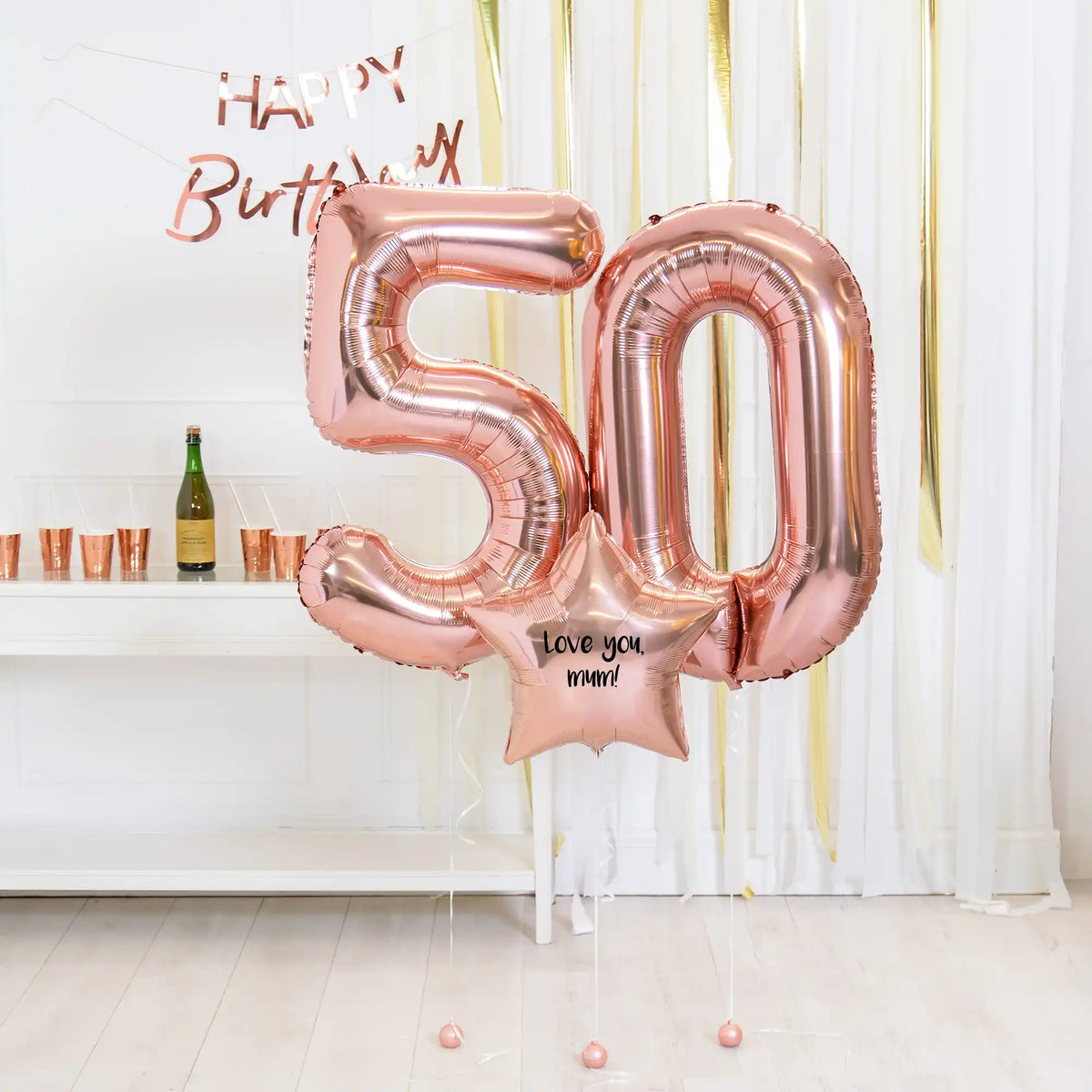 50th Birthday Balloons - Personalised Inflated Balloon Bouquet Rose Gold Personalised Balloons