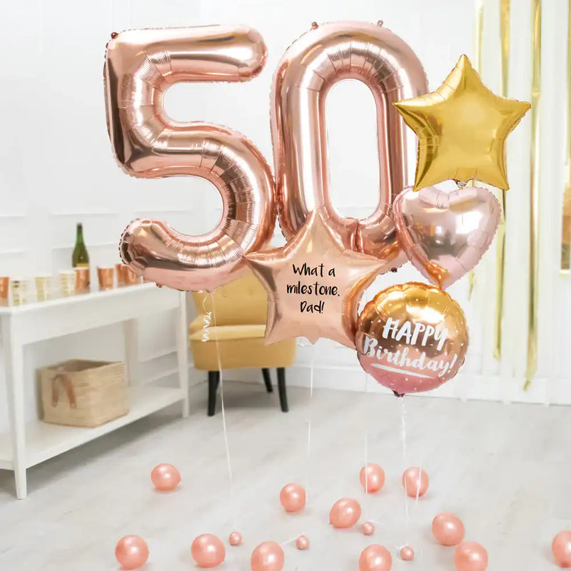 Deluxe Personalised Balloon Bunch - 50th Birthday Rose Gold Personalised Balloons