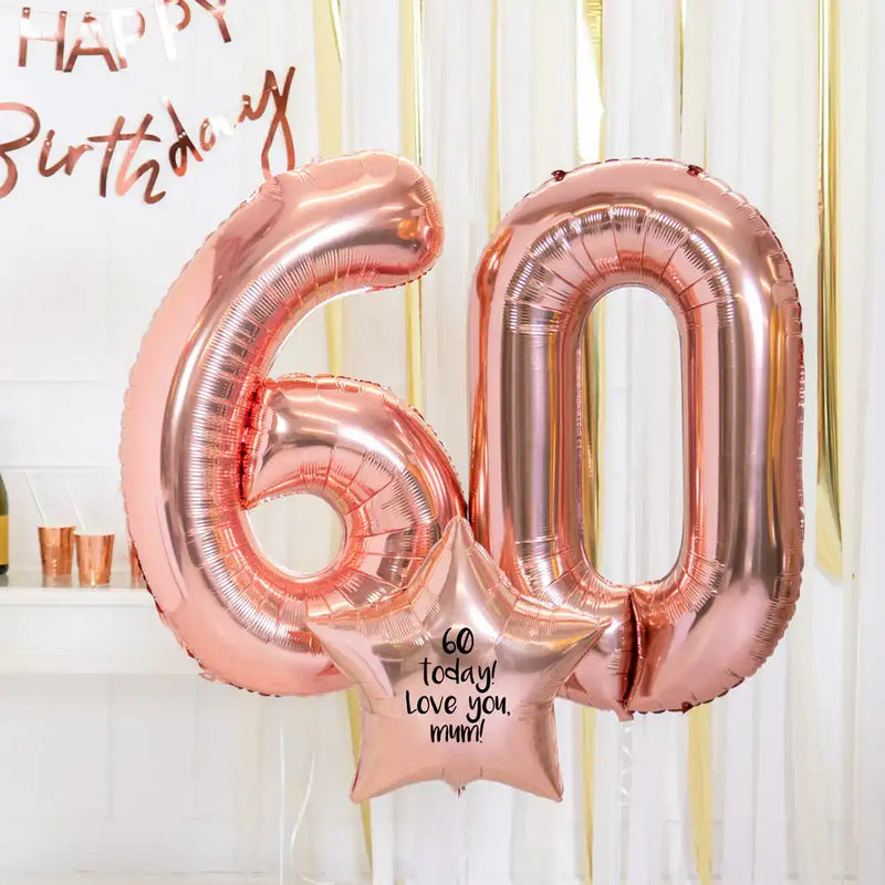 60th Birthday Balloons - Personalised Inflated Balloon Bouquet Rose Gold Personalised Balloons