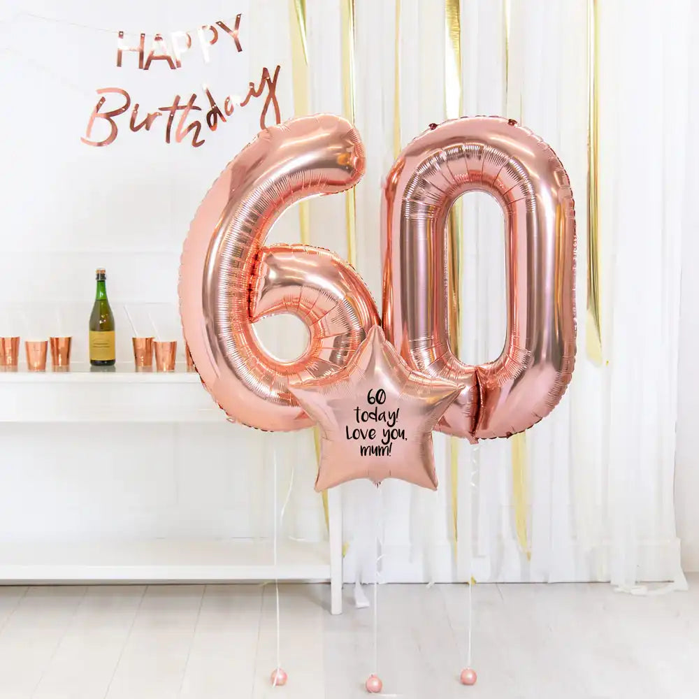 60th Birthday Balloons - Personalised Inflated Balloon Bouquet Rose Gold Personalised Balloons