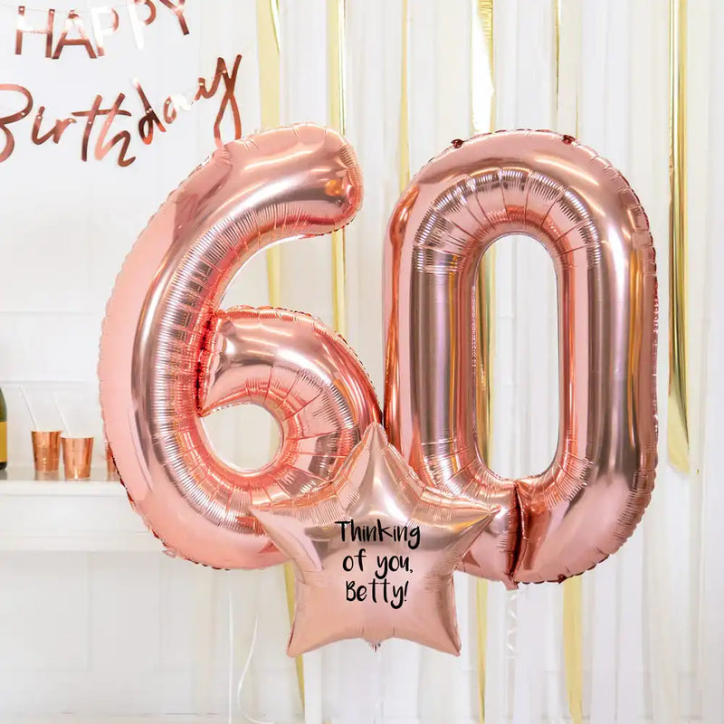 60th Birthday Balloons - Personalised Inflated Balloon Bouquet Rose Gold Personalised Balloons