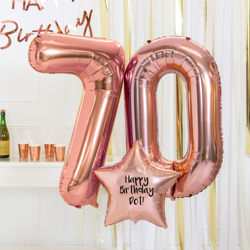 70th Birthday Balloons - Personalised Inflated Balloon Bouquet Rose Gold
