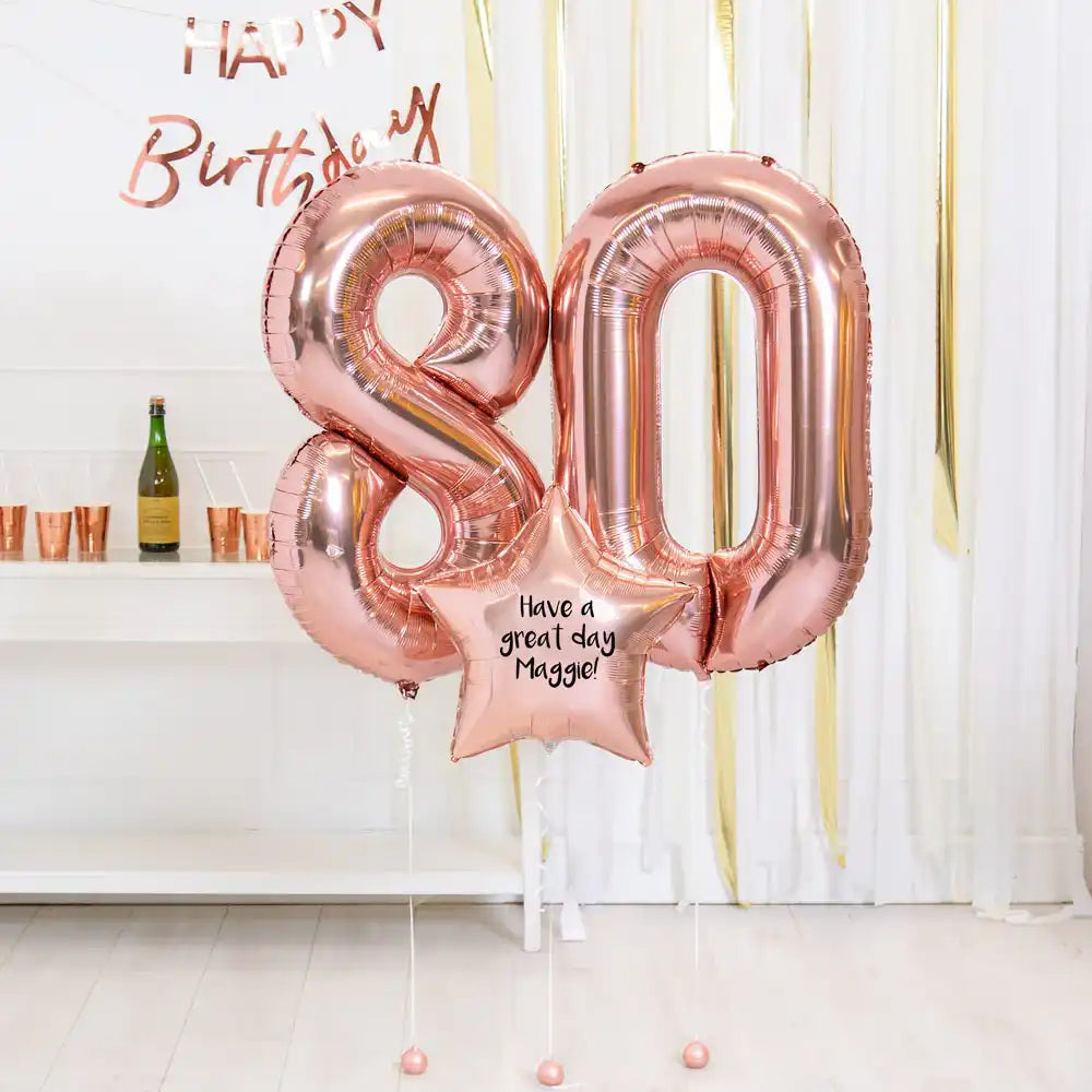 80th Birthday Balloons - Personalised Inflated Balloon Bouquet Rose Gold Personalised Balloons