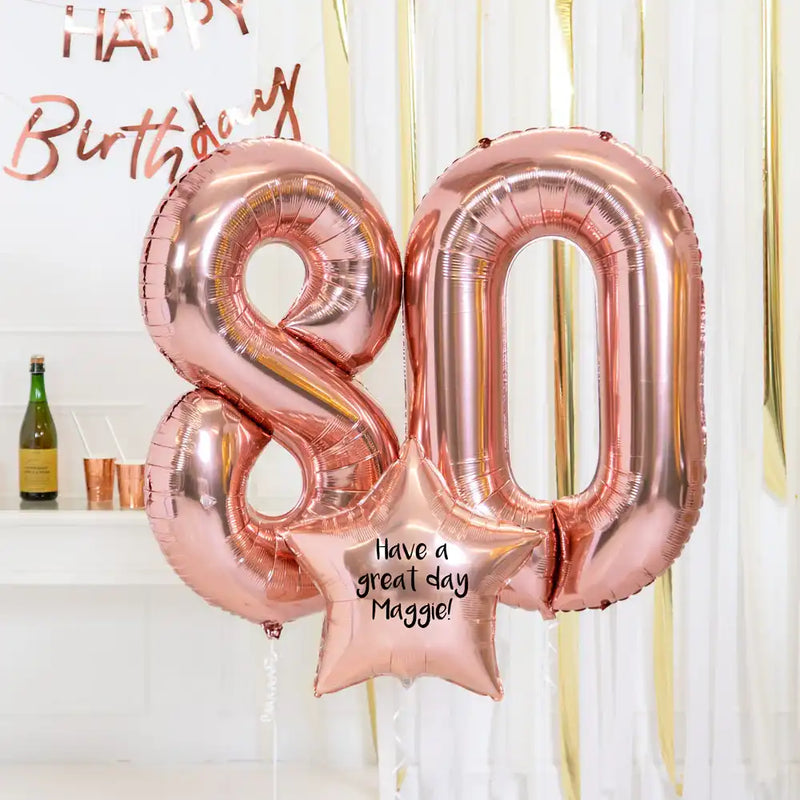 80th Birthday Balloons - Personalised Inflated Balloon Bouquet Rose Gold Personalised Balloons