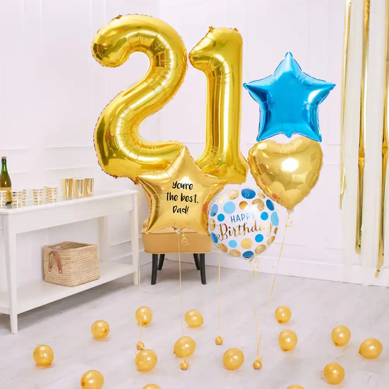 Deluxe Personalised Balloon Bunch - 21st Birthday Gold & Blue Personalised Balloons
