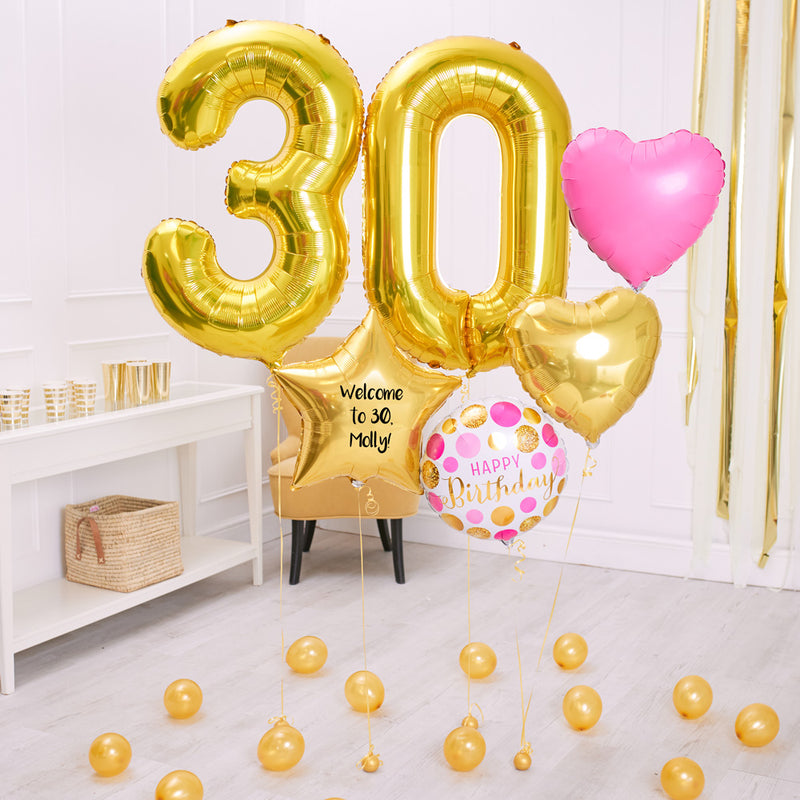 Deluxe Personalised Balloon Bunch - 30th Birthday Gold & Pink