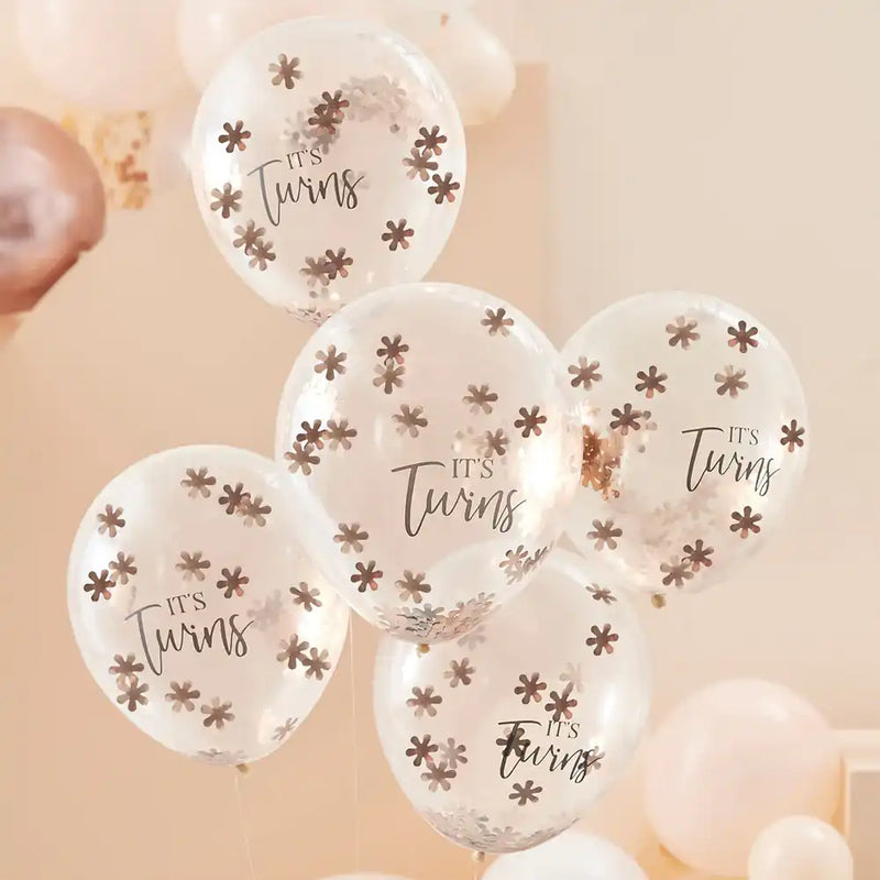 It's Twins Rose Gold Flower Latex Confetti Balloons (x5) Baby Shower