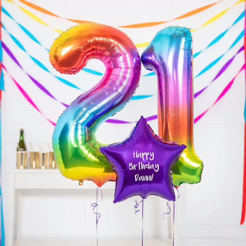 21st Birthday Balloons - Personalised Inflated Balloon Bouquet Rainbow Personalised Balloons