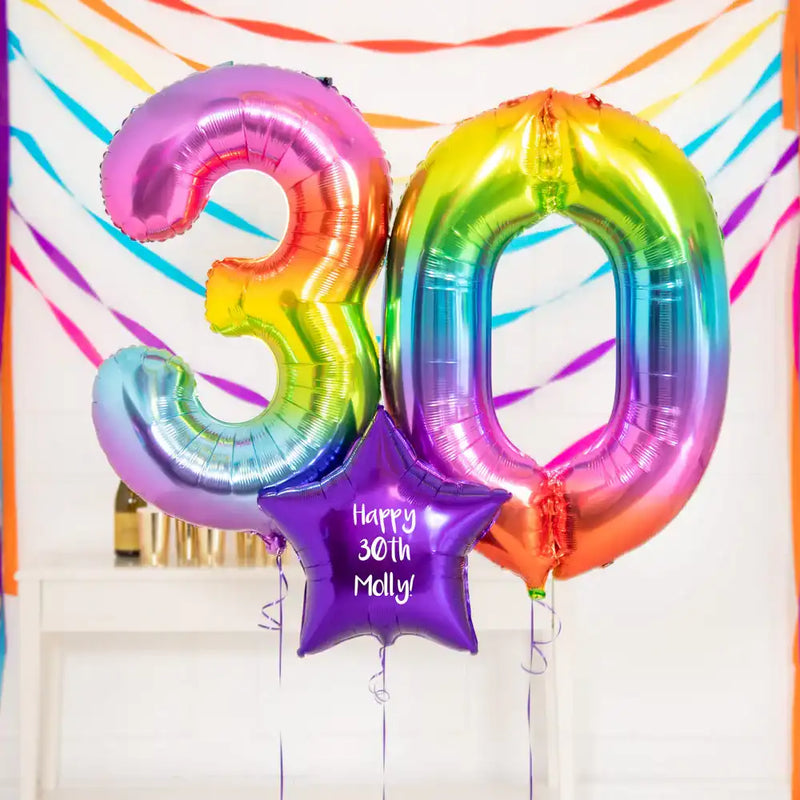 30th Birthday Balloons - Personalised Inflated Balloon Bouquet Rainbow Personalised Balloons