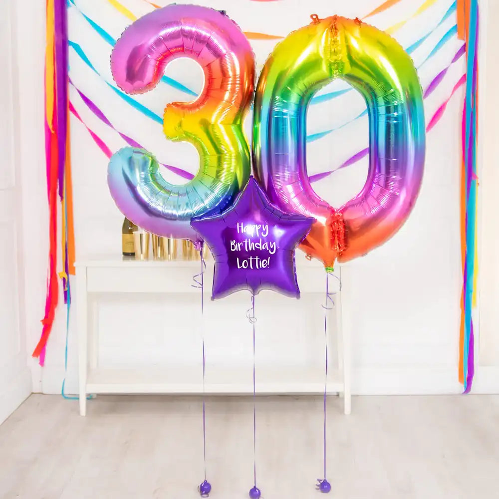30th Birthday Balloons - Personalised Inflated Balloon Bouquet Rainbow Personalised Balloons
