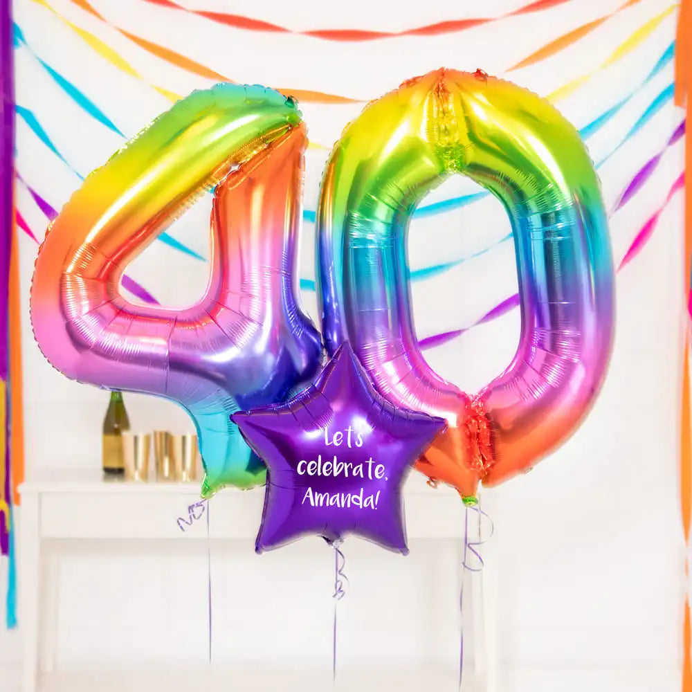 40th Birthday Balloons - Personalised Inflated Balloon Bouquet Rainbow Personalised Balloons