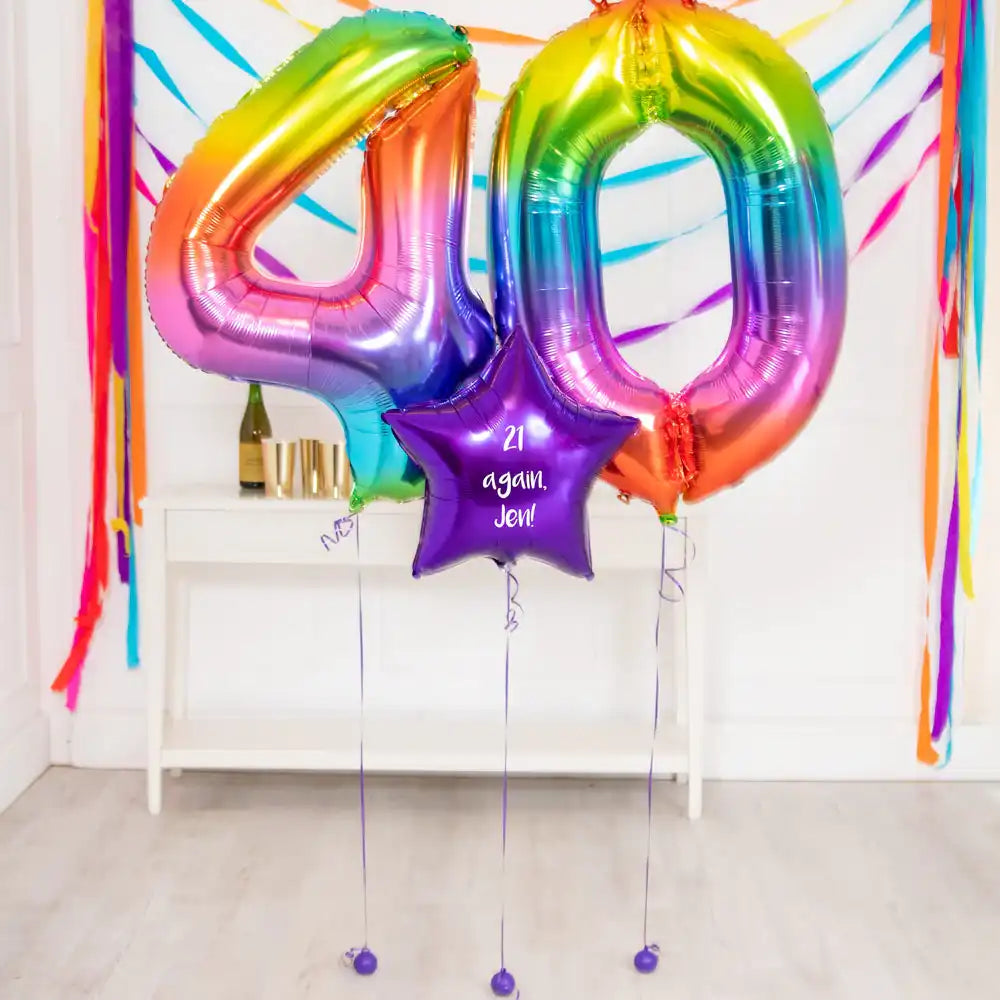 40th Birthday Balloons - Personalised Inflated Balloon Bouquet Rainbow Personalised Balloons