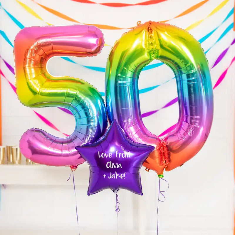50th Birthday Balloons - Personalised Inflated Balloon Bouquet Rainbow Personalised Balloons