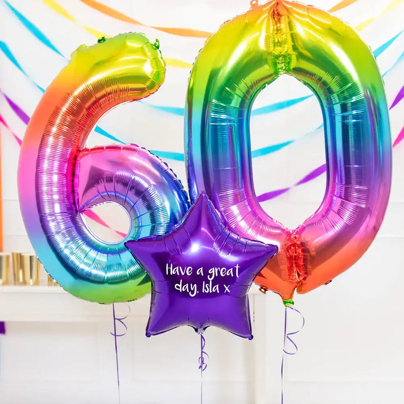 60th Birthday Balloons - Personalised Inflated Balloon Bouquet Rainbow Personalised Balloons