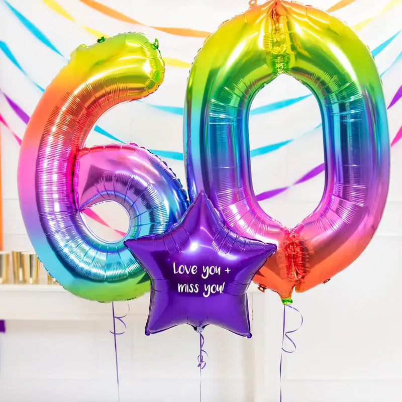 60th Birthday Balloons - Personalised Inflated Balloon Bouquet Rainbow Personalised Balloons