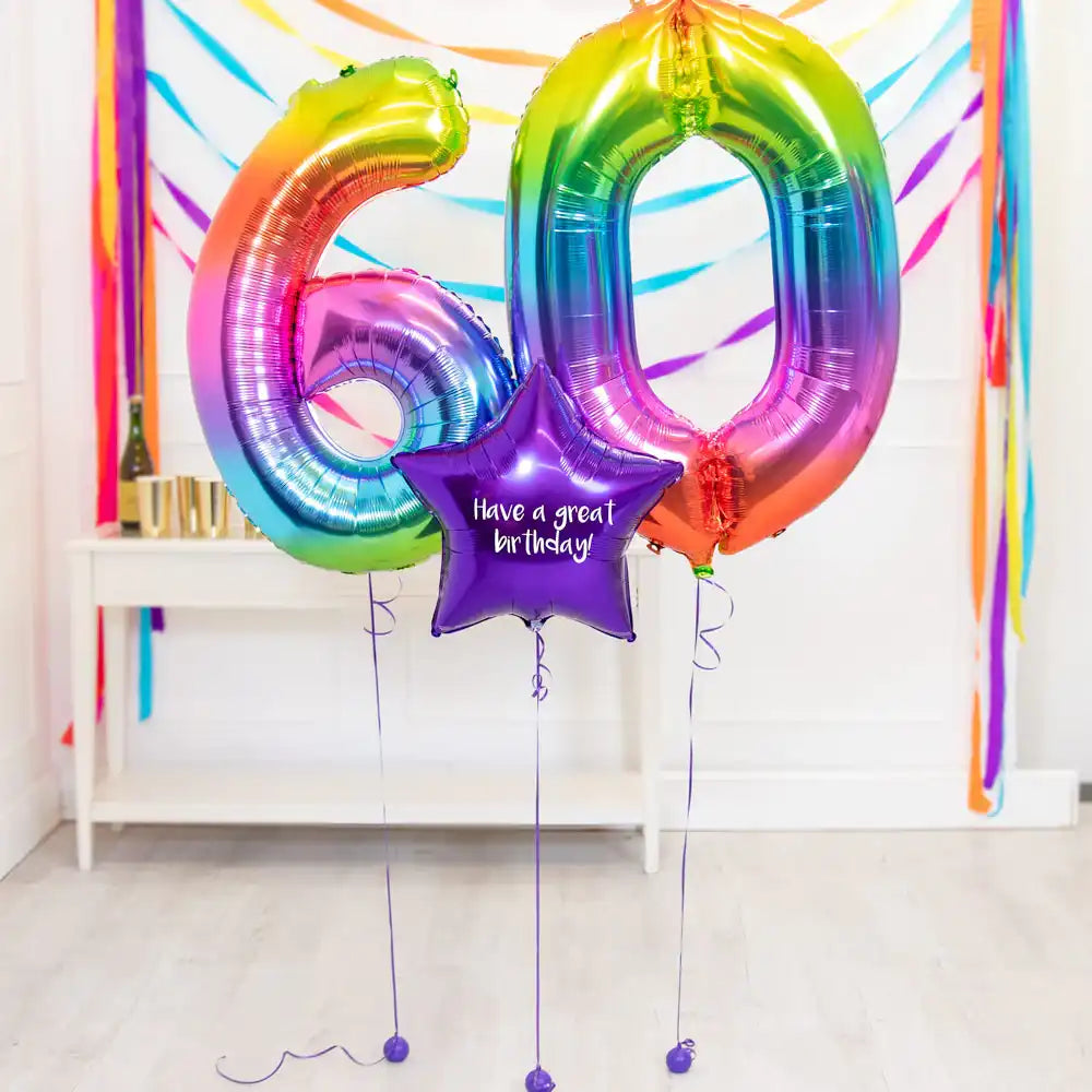60th Birthday Balloons - Personalised Inflated Balloon Bouquet Rainbow Personalised Balloons