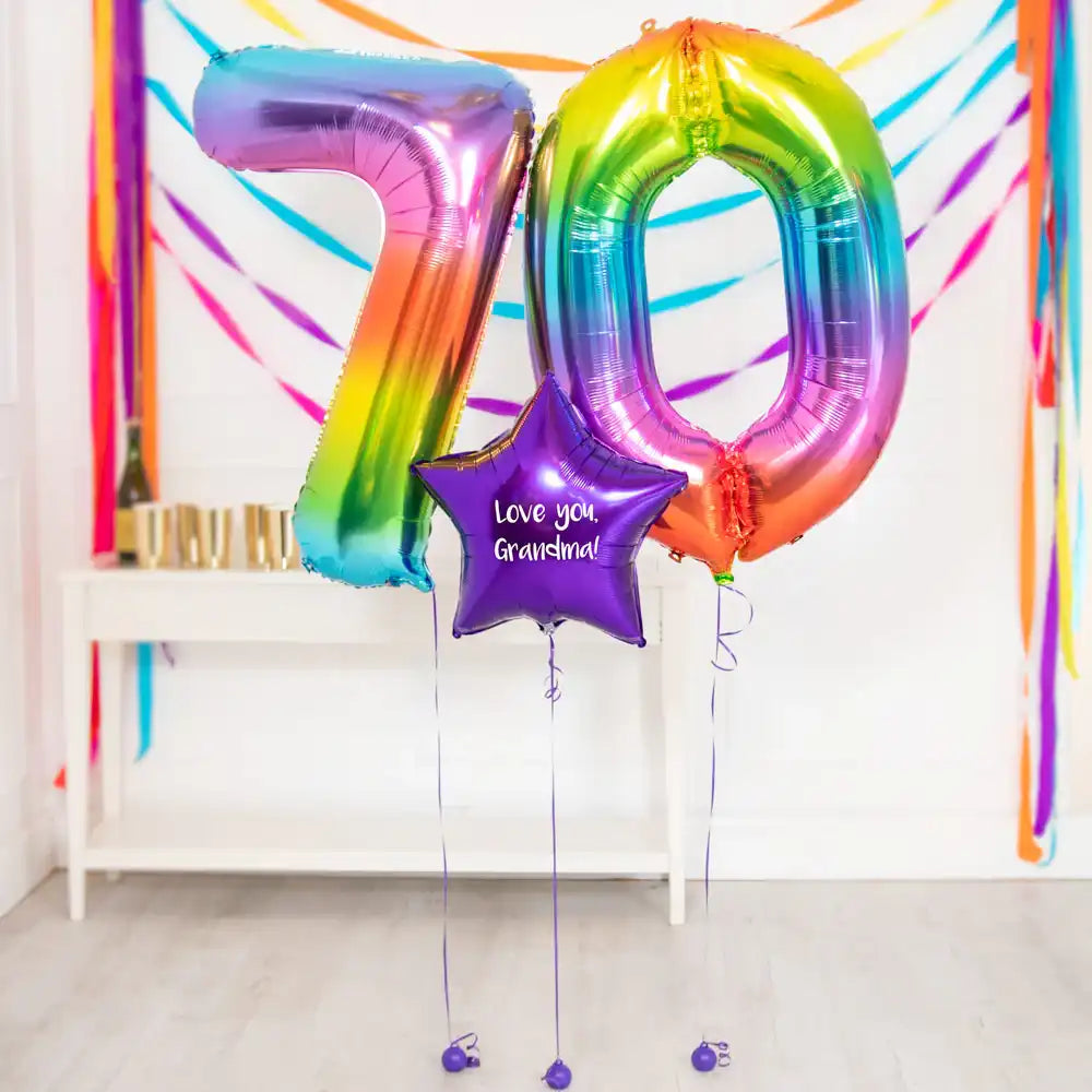 70th Birthday Balloons - Personalised Inflated Balloon Bouquet Rainbow Personalised Balloons