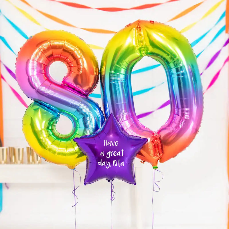 80th Birthday Balloons - Personalised Inflated Balloon Bouquet Rainbow Personalised Balloons