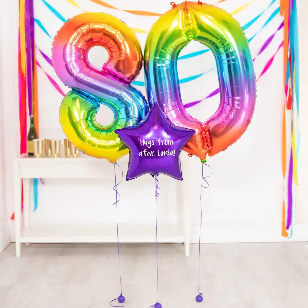 80th Birthday Balloons - Personalised Inflated Balloon Bouquet Rainbow Personalised Balloons