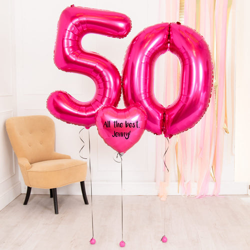 50th Birthday Balloons - Personalised Inflated Balloon Bouquet Pink